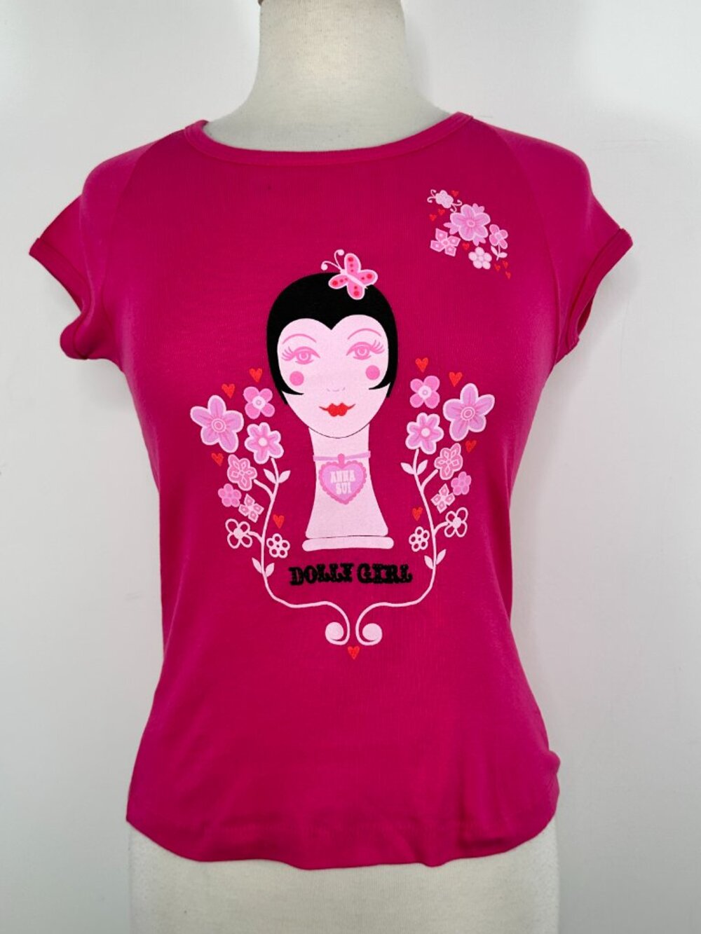 New Anna Sui Pink Dolly Girl Graphic Print 100% Cotton T Shirt Size M